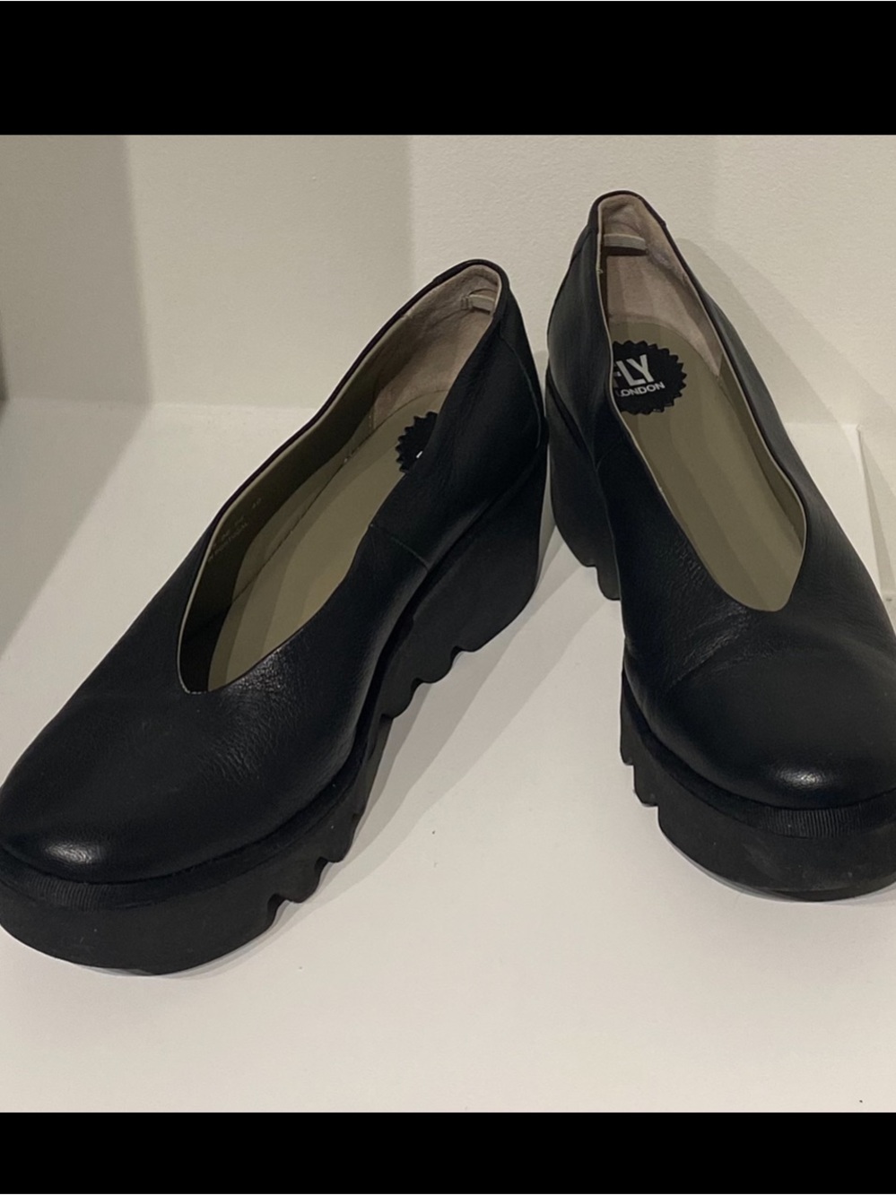 (bought in London) Fly London Beso Black Leather Wedge Platform Pumps